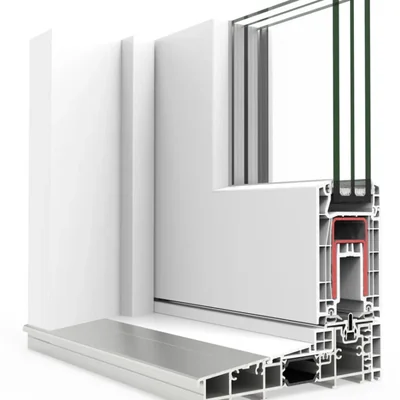 Sección del perfil E170 corredera elevadora en PVC blanco con umbral de aluminio