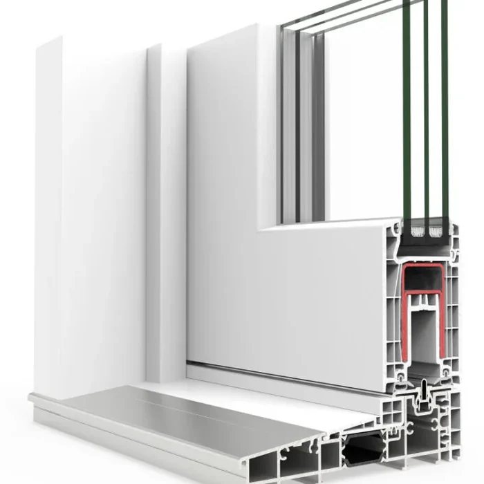 Sección del perfil E170 corredera elevadora: PVC blanco, triple vidrio y umbral de aluminio